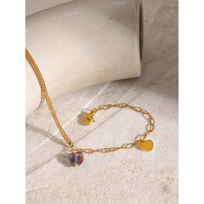 18K Gold Plated Stainless Steel Double Layer Anklet - 2024 Trendy Purple Gradient Heart Titanium Steel Jewelry