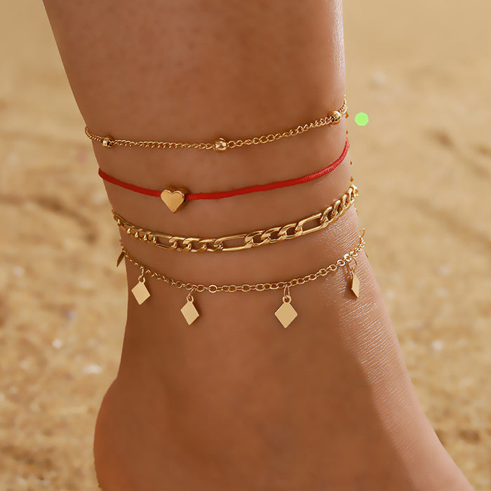 Heart Tassel Multilayer Anklet Set - Geometric Beaded Jewelry