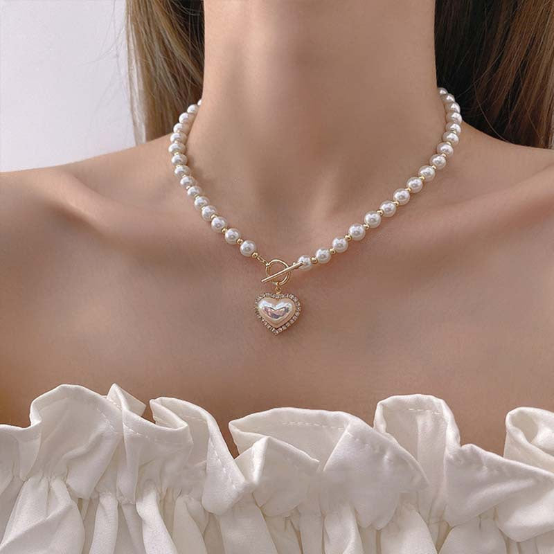 Alloy Heart Silver Micro Set Zircon Necklace - wallojewerly 