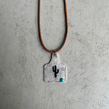 Western Cowboy Necklace with Vintage Cactus, Bull Head, Horseshoe, and Turquoise on Leather