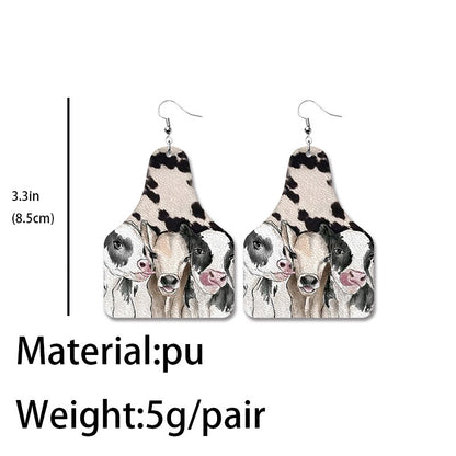 Farm Animal PU Leather Earrings with Cow Tag Design