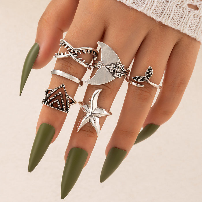 Ocean style starfish fishtail octopus multi-piece ring, geometric animal ring six-piece set