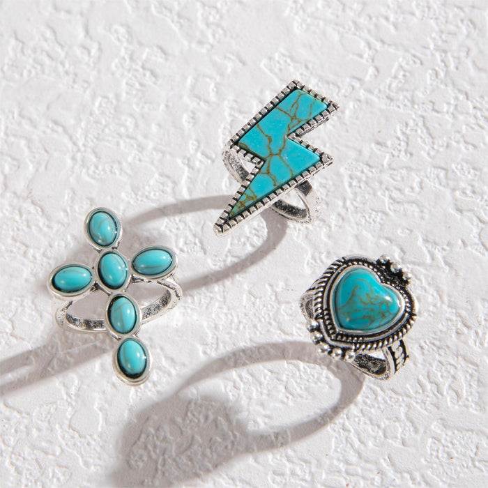 Retro Turquoise Cross Ring Set - Creative Lightning and Heart Three-Piece Set