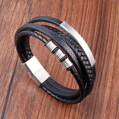 Bracelet Stainless Steel Leather Woven Multi Layer - wallojewerly 