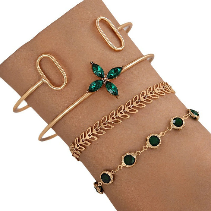 Emerald Three-Leaf Clover Bracelet Set - Green Rhinestone Hand Jewelry