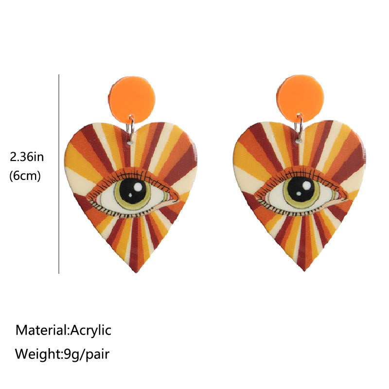 Retro Disco Ball Heart and Eye Earrings with Rainbow Design - wallojewerly 