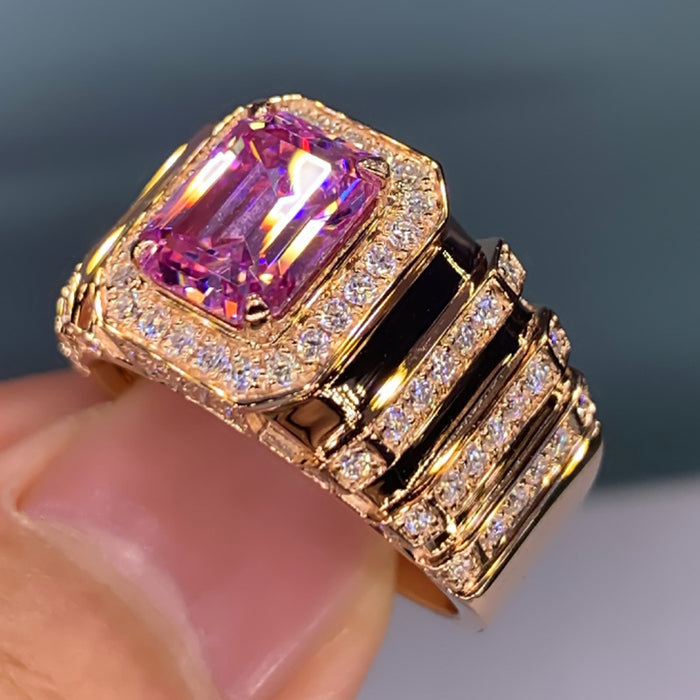 Anillo de bodas de cuarzo rosa con diamantes cuadrados y circonitas coloreadas Anillo de compromiso