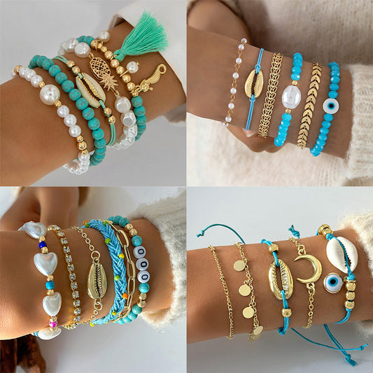 Conjunto de pulseras de cuentas y conchas turquesas con diseño bohemio (cinco piezas)