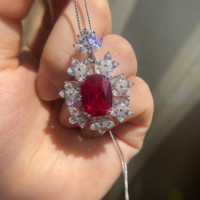 Imitation ruby flower pendant women's necklace