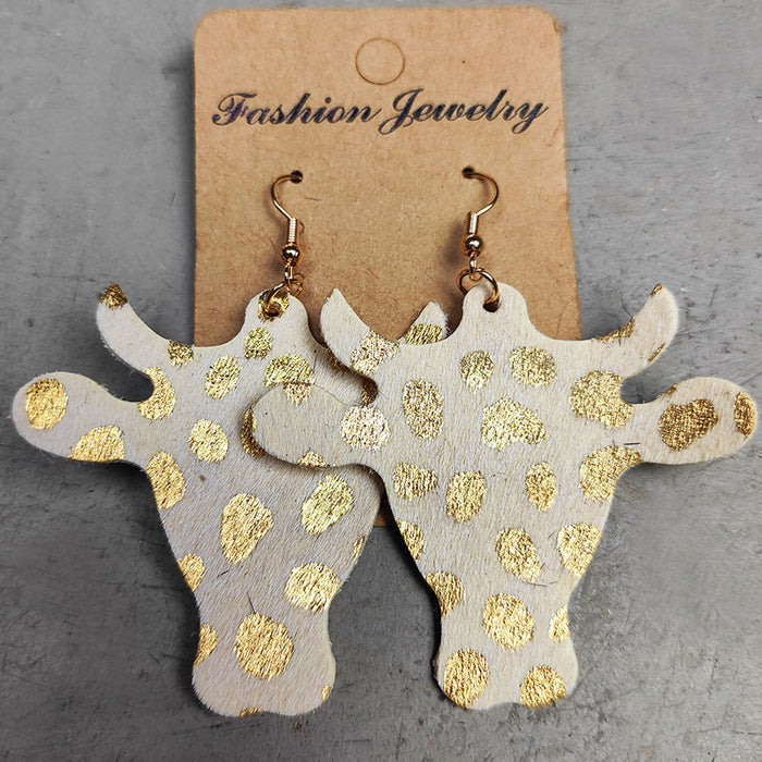 Simple Cow Print Leather Earrings with Bullhead Design