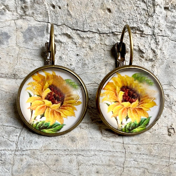 Vintage Bronze Floral Earrings with Sunflower and Lavender Designs