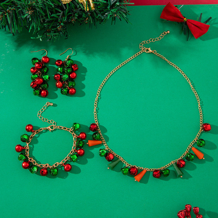 Christmas Jingle Bell Necklace and Bracelet Set - Festive Three-Piece Jewelry