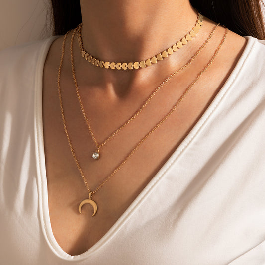 Triple Layered Moon Pendant Necklace - Gold Chain with Dainty Charms