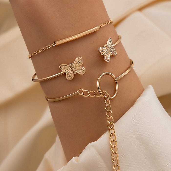 Metal Punk Chain Bracelet Set - Butterfly Open Bangle Three-Piece Jewelry Set