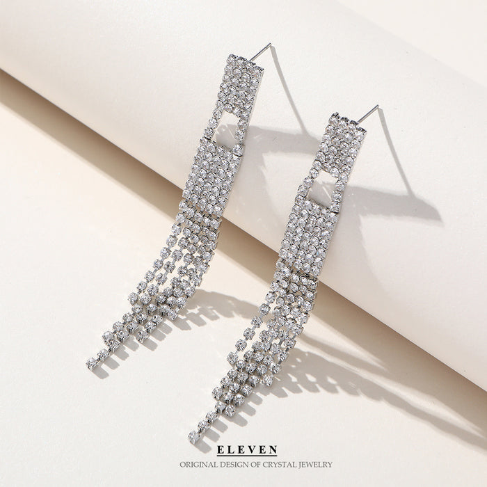 Geometric Rhinestone Tassel Earrings - Exaggerated Long Dangles for Evening Wear