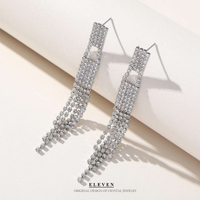 Geometric alloy diamond and rhinestone long tassel earrings