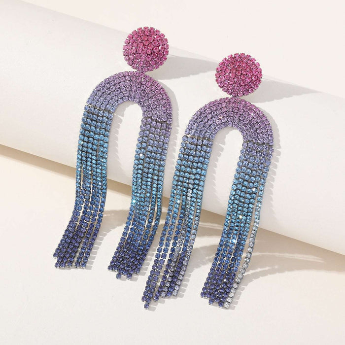 Geometric long tassel gradient colorful rhinestone earrings