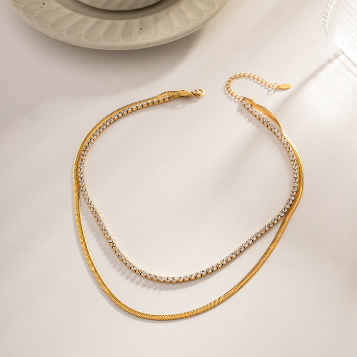 18K Gold-Plated Stainless Steel Double Layer Snake Chain Necklace with Shimmering White Zircon - Non-Fading Jewelry