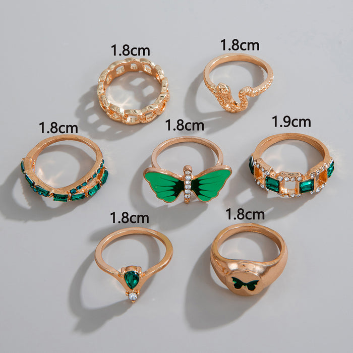 Green Enamel Butterfly Ring Set with Diamond Accents – Geometric Cut-Out Snake Rings, 7-Piece Set