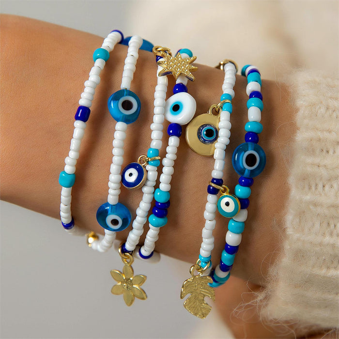 Multicolor Beaded Evil Eye Heart Bracelet Set with Butterfly Charms - Three Pieces