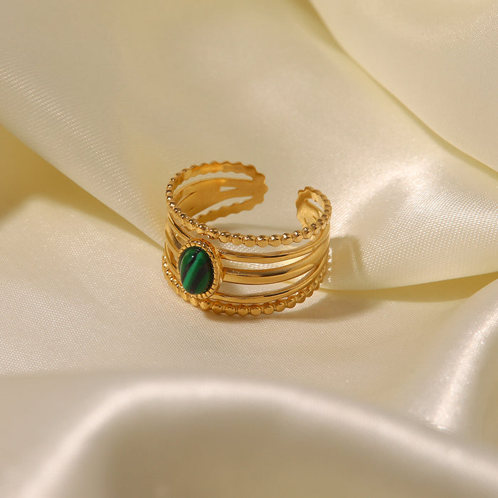 18K Gold Plated Ring with Inlaid Malachite - Women's Stylish Open Ring