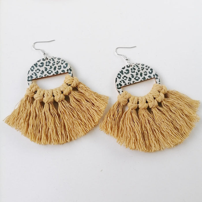 Bohemian Handwoven Tassel Fan-Shaped Earrings with Morandi Color and Leopard Print