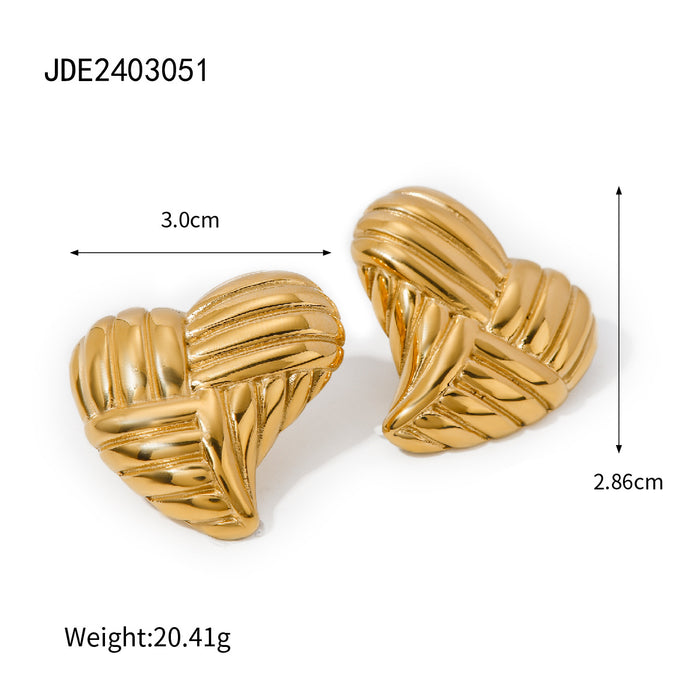 Cross-Border New 18K Gold Stainless Steel Textured Heart Earrings - Fashionable Titanium Steel Studs