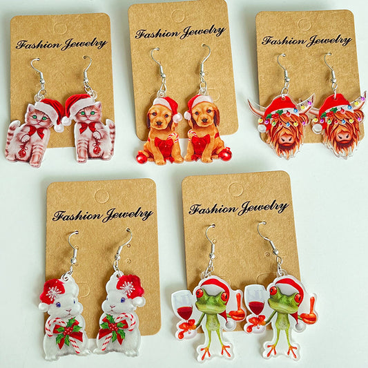 Christmas Animal Earrings with Cat, Rabbit, Frog, and Dog Designs