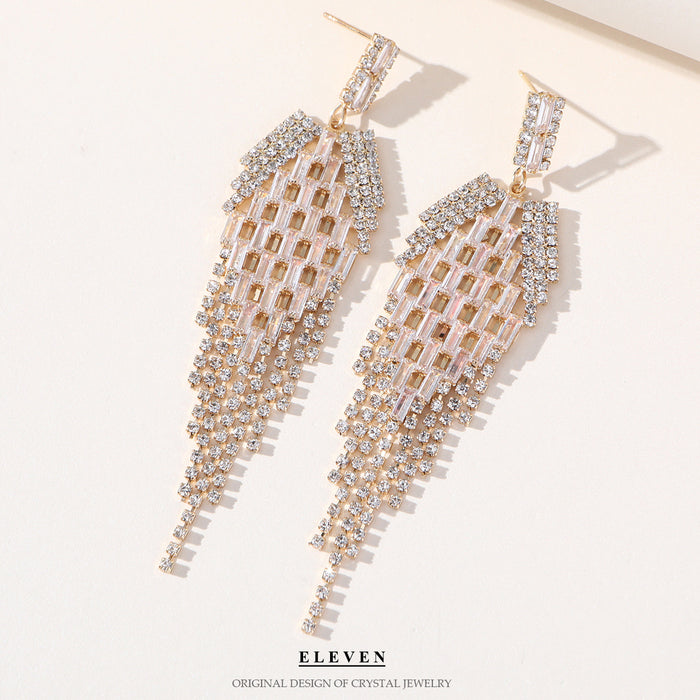 Exaggerated Geometric Tassel Earrings - 14K Gold-Plated Rhinestone Jewelry for a Bold Look