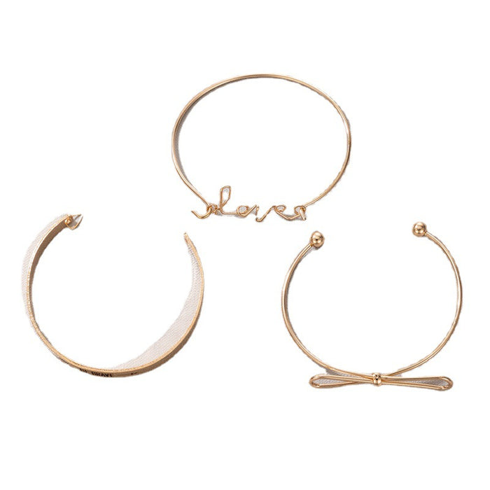 Letter Open Cuff Bracelet Set - Geometric Bowknot Three-Piece Bracelet