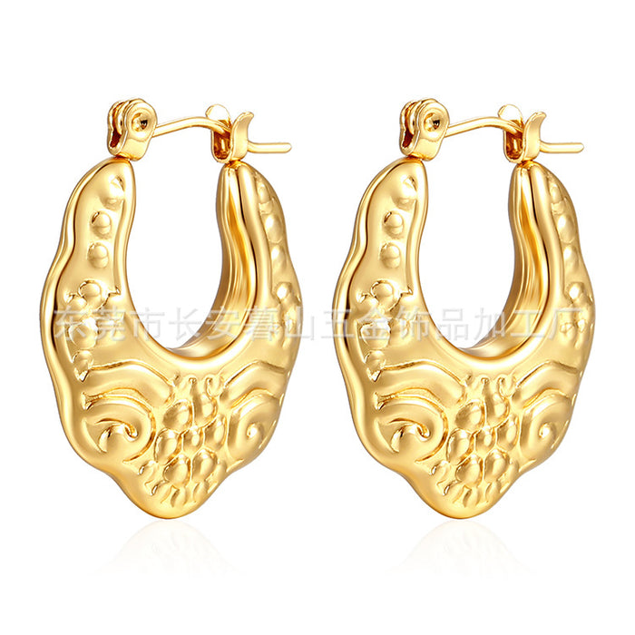 Retro luxury pattern earrings, women's 18K gold simple earrings