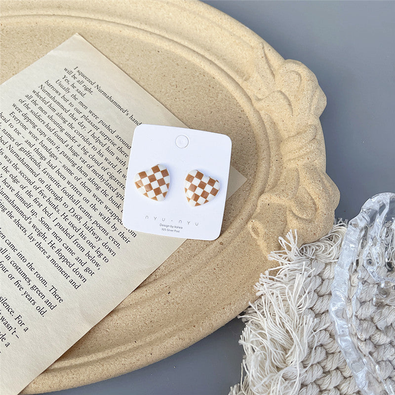 Japanese and Korean cold style retro checkerboard earrings personality 925 silver earrings - wallojewerly 