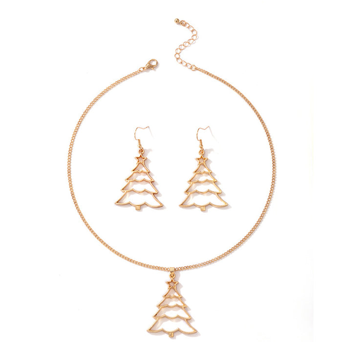 Christmas Tree Hollow Gold Jewelry Set with Reindeer Earrings and Necklace