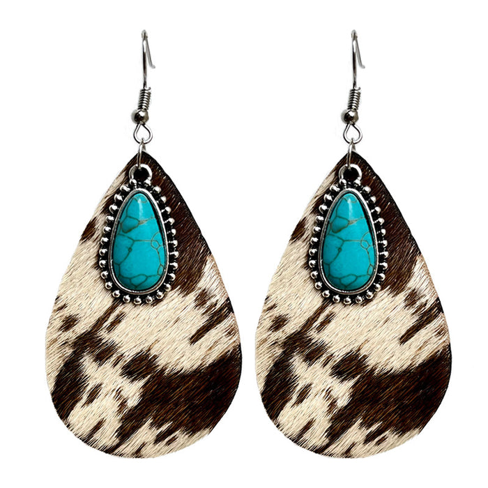 Western Animal Print Cowhide Teardrop Earrings with Turquoise and Metal Accents