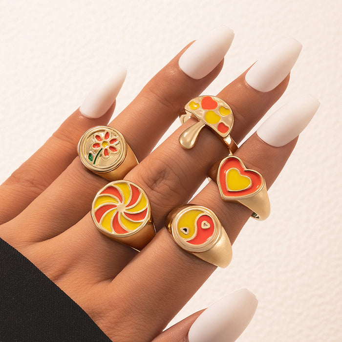 Juego de 6 anillos estilo pastoral con forma de hongo y tai chi en forma de corazón naranja