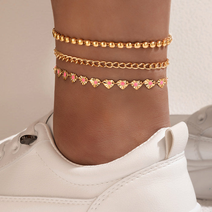 Pink Enamel Heart Triple-Layer Anklet with Geometric Arc Chain Design