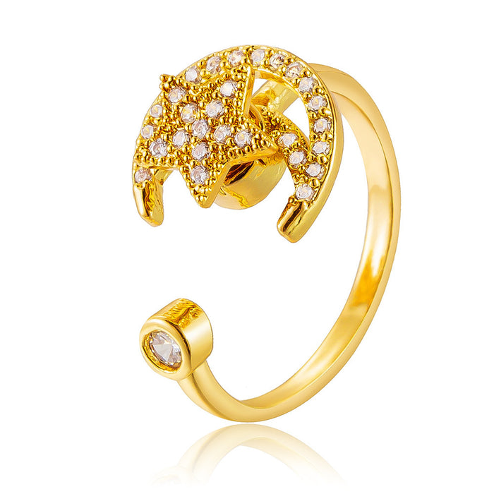 Wholesale copper micro-painted zircon star and moon rotating open ring
