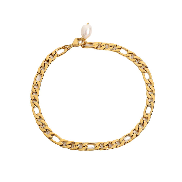 Tobillera de cadena Figaro de acero inoxidable bañada en oro de 18 quilates: joyería de perlas de agua dulce barrocas para mujer