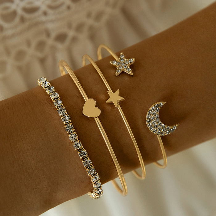 Diamond Star and Moon Bracelet Set - Four-Piece Heart Jewelry