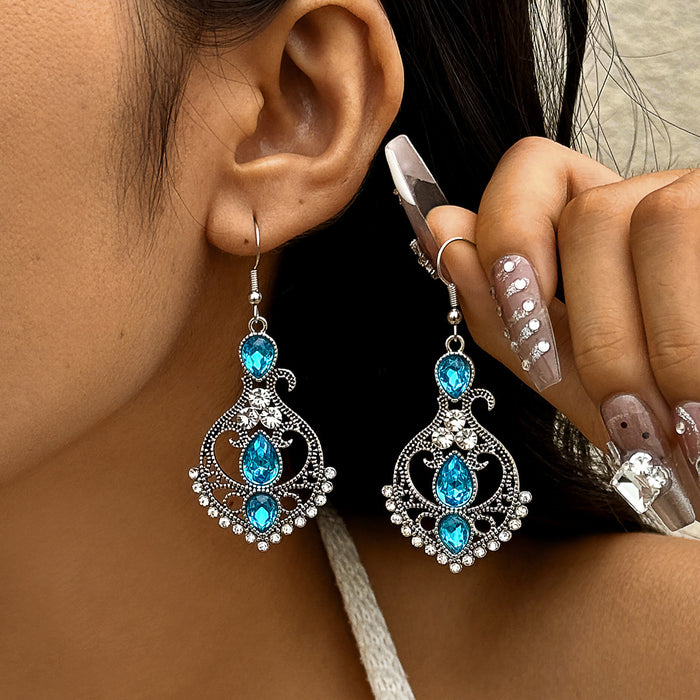 Retro ethnic style diamond tassel earrings fashionable carved geometric hollow earrings