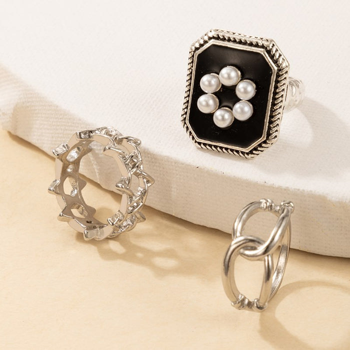 Vintage Chanel Pearl Flower Square Ring 3-Piece Set