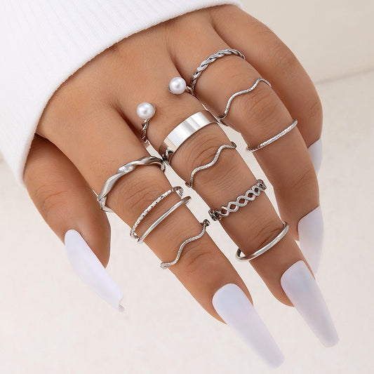 Conjunto de anillos minimalistas con ondas y diseño de Ins Cool: colección de 11 piezas con incrustaciones de perlas