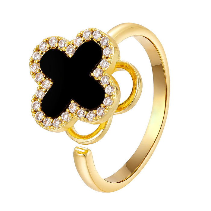 Wholesale black four-leaf clover micro-pave rotating open ring