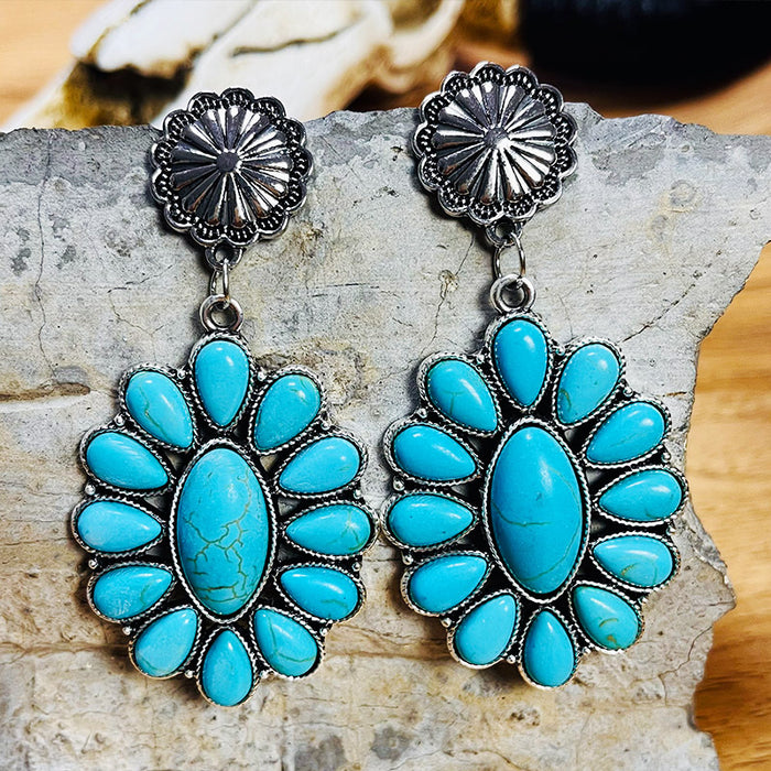 Vintage Ethnic Turquoise Flower Earrings with Alloy Western Style