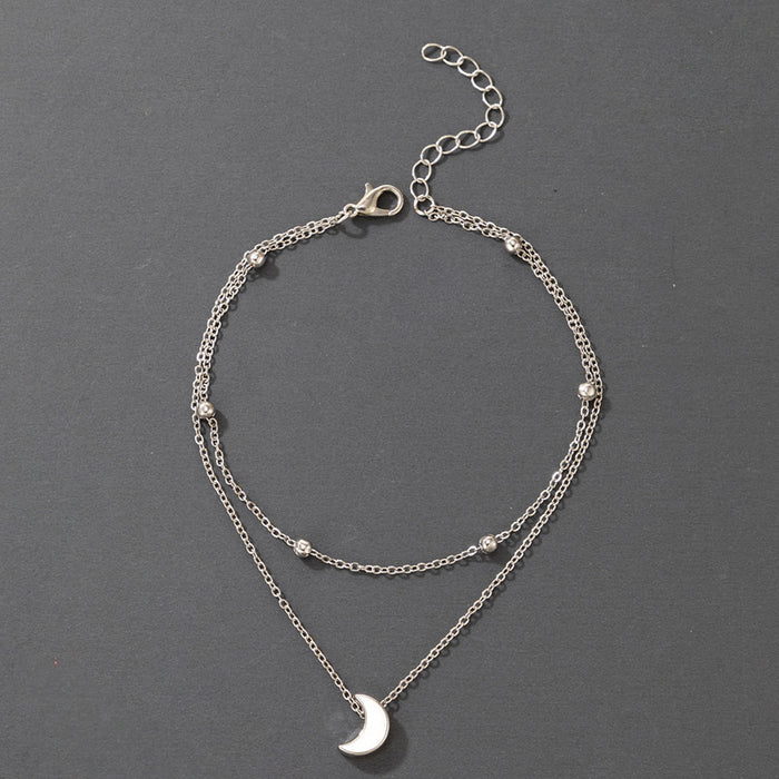 Silver Moon Double Layer Anklet with Geometric Crescent Bead Multi-Layer Chain