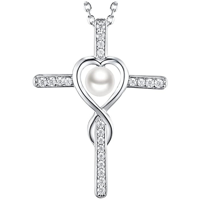 Hollow Cross Heart Pendant Imitation Pearl Necklace