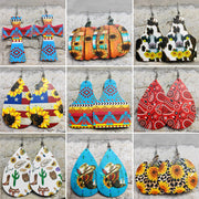 Cross Teardrop Leather Earrings with Western Flag Sunflower and Boot Design - wallojewerly 
