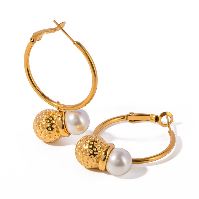 European 18K Gold Stainless Steel Hammered Pearl Ball Earrings - High-End Titanium Steel Jewelry