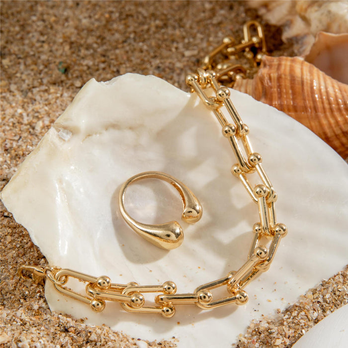 Bold U-Shape Chain Necklace and Gold Open Ring Set