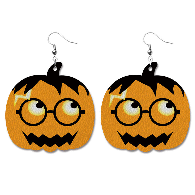 Creative Halloween PU Leather Earrings with Pumpkin and Bat Design - wallojewerly 